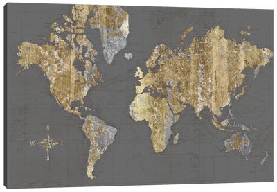 Gilded Map Gray - No Border Canvas Art Print - World Map Art