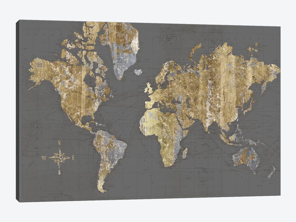 Gilded Map Gray - No Border by Wild Apple Portfolio 1-piece Canvas Art