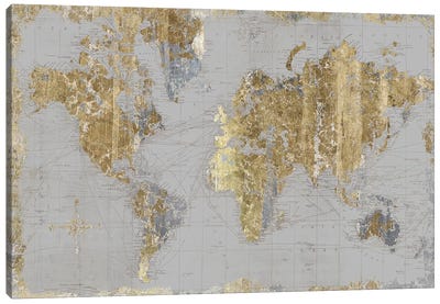 Gilded Map Light Gray Canvas Art Print - World Map Art
