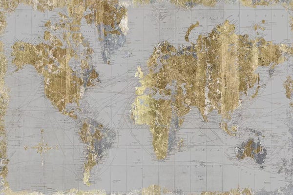 Black & White & Gold: Gilded Map Light Gray by Wild Apple Portfolio