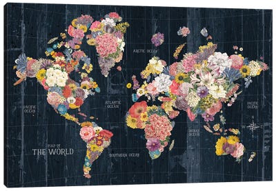 Botanical Floral Map Words Canvas Art Print - Large Map Art