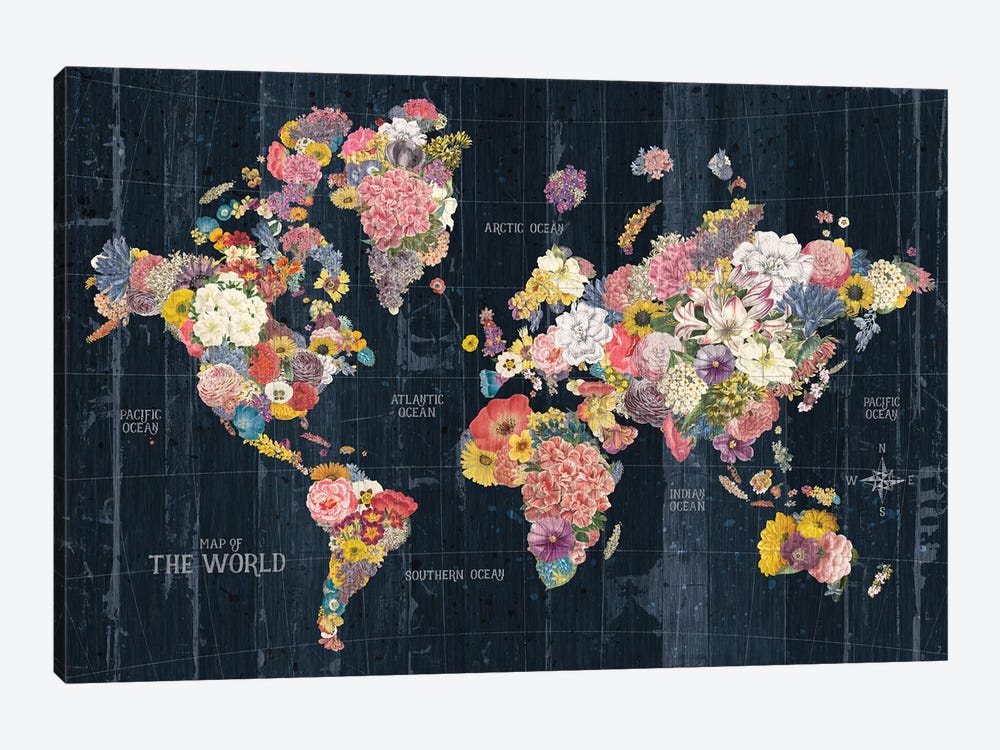 Botanical Floral Map Words by Wild Apple Portfolio 1-piece Canvas Art Print