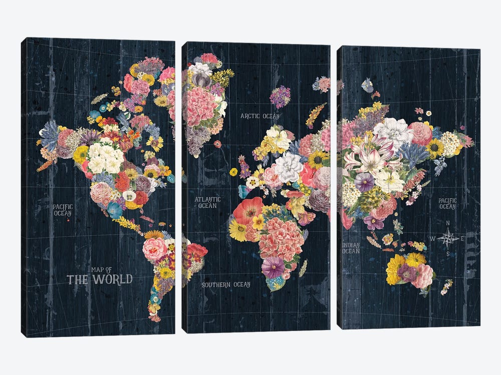 Botanical Floral Map Words by Wild Apple Portfolio 3-piece Canvas Art Print