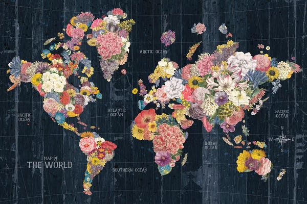 Kids Map Art: Botanical Floral Map Words by Wild Apple Portfolio