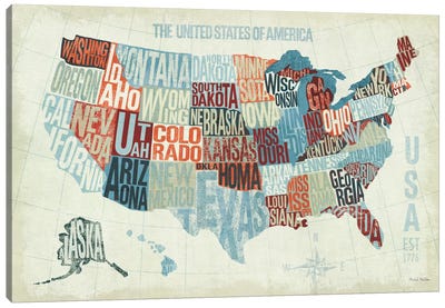 USA Modern Blue  Canvas Art Print - Maps