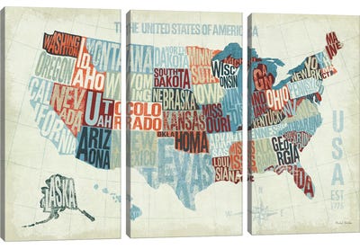 USA Modern Blue  Canvas Art Print - 3-Piece Map Art