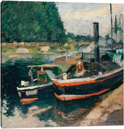 Barges At Pontoise Canvas Art Print - Camille Pissarro