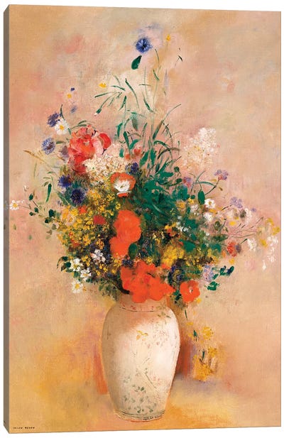 Vase Of Flowers (Pink Background) Canvas Art Print - Pottery Still Life