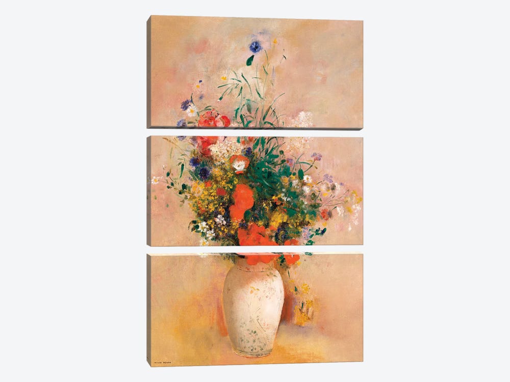 Vase Of Flowers (Pink Background) by Odilon Redon 3-piece Canvas Wall Art