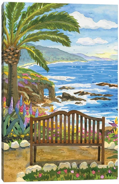 Bench At The Montage Canvas Art Print - Tropical Beach Art