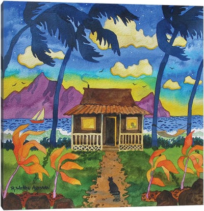 Tropical Hut With Cat Canvas Art Print - Tropical Décor