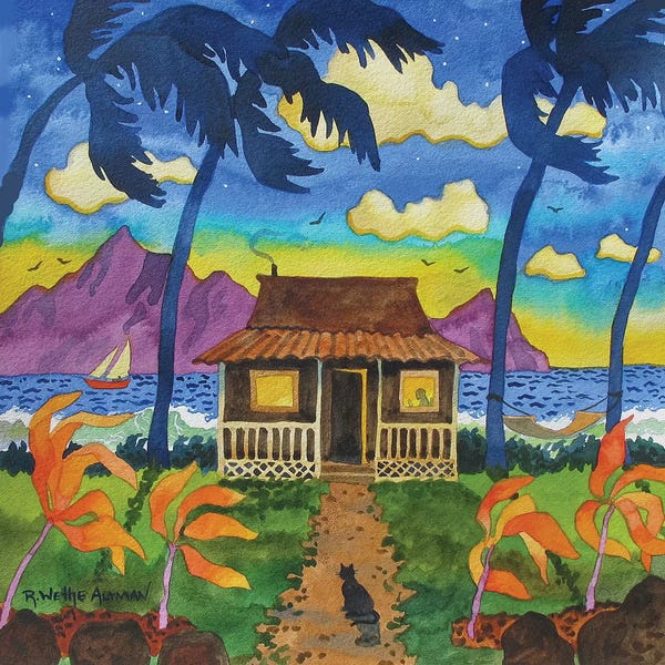 Robin Wethe Altman: Tropical Hut With Cat by Robin Wethe Altman