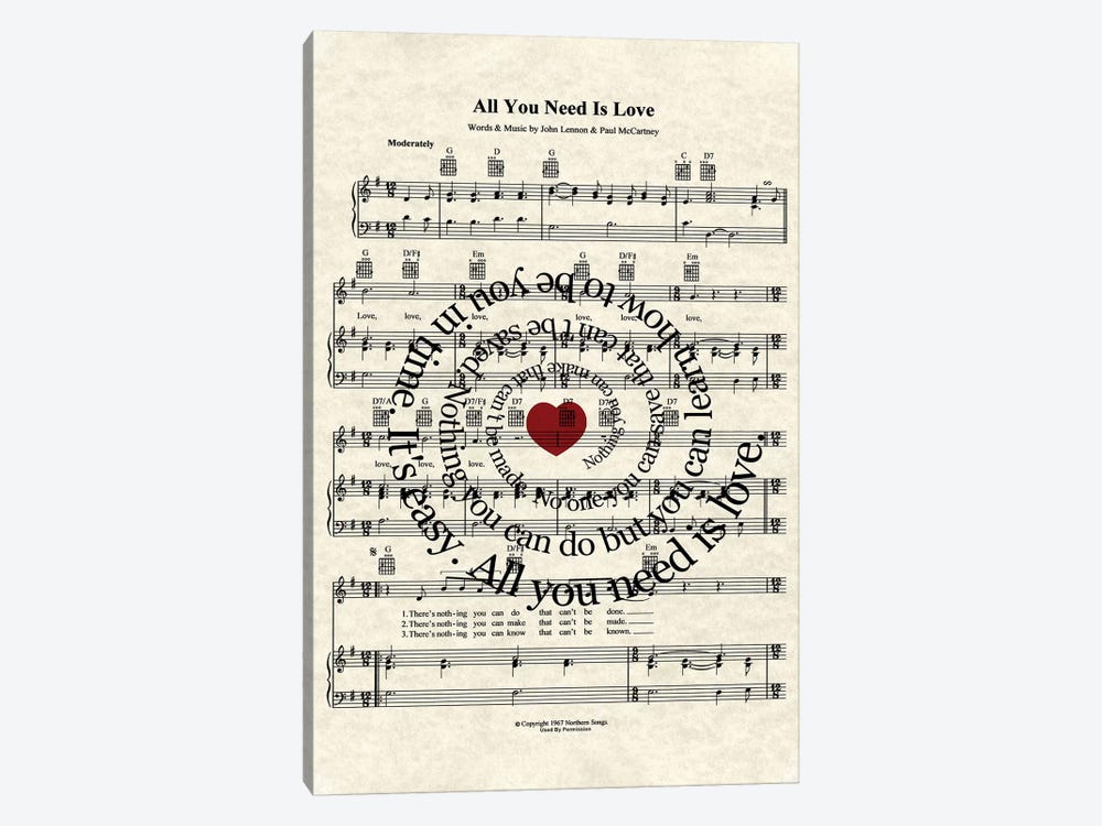 All You Need Is Love by WordsandMusicArt 1-piece Canvas Art