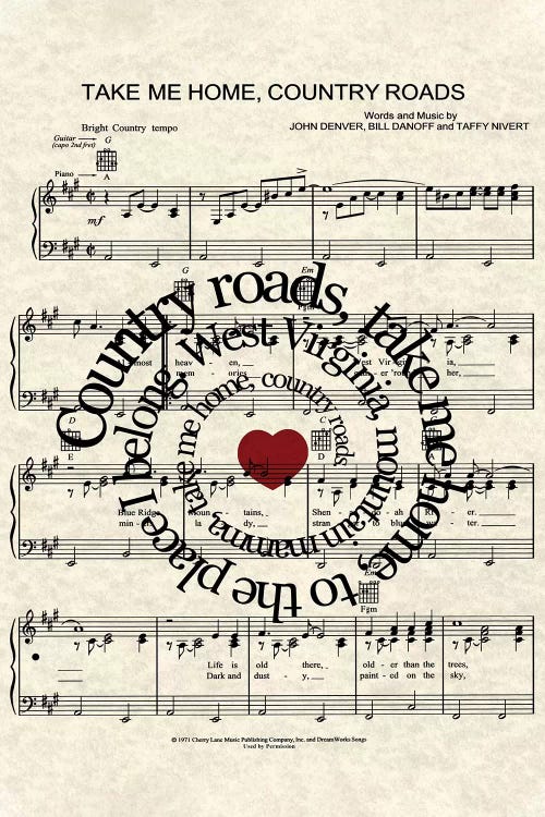 Take Me Home Country Roads by WordsAndMusicArt wall art