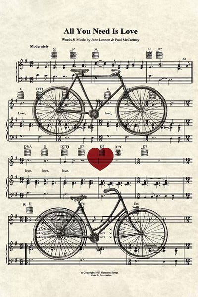 All You Need Is Love - His And Her Bicycles by WordsAndMusicArt art print