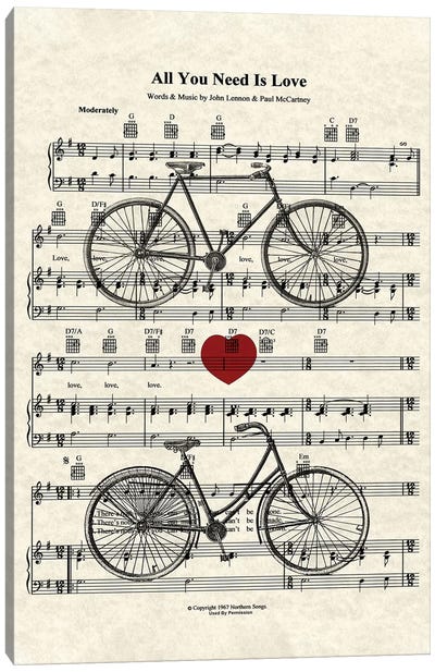 All You Need Is Love - His And Her Bicycles Canvas Art Print - Song Lyrics Art