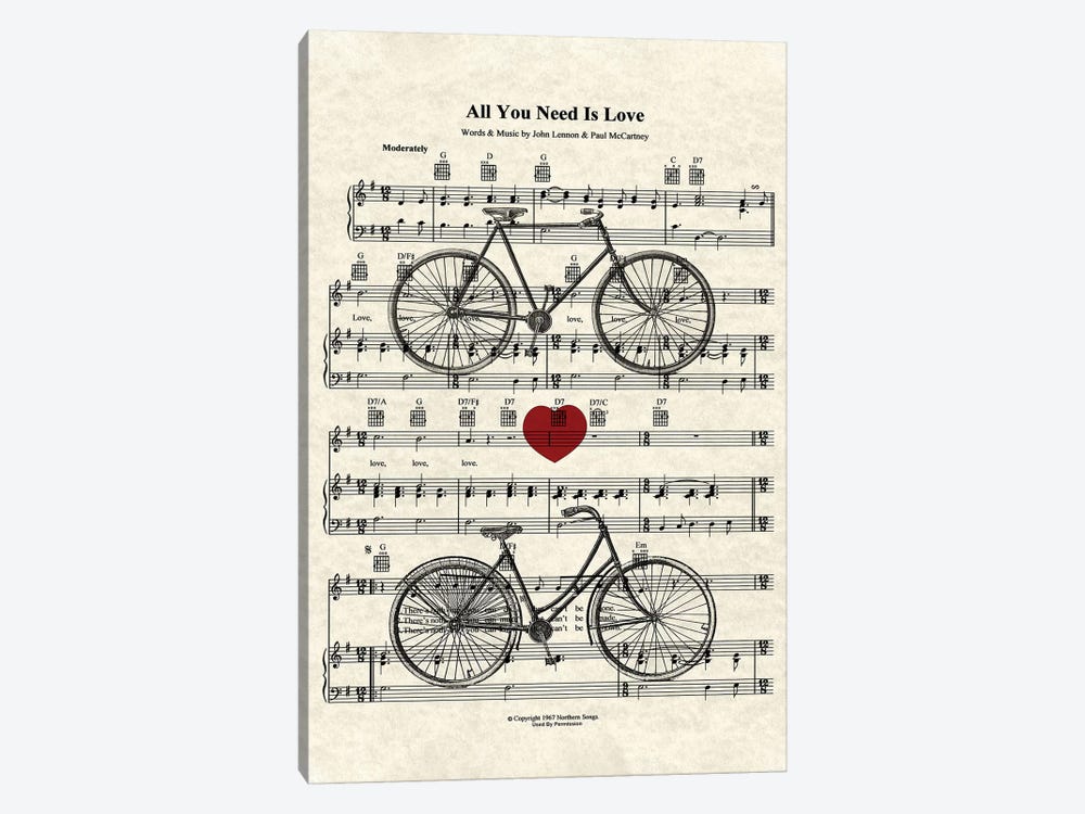 All You Need Is Love - His And Her Bicycles by WordsandMusicArt 1-piece Canvas Wall Art