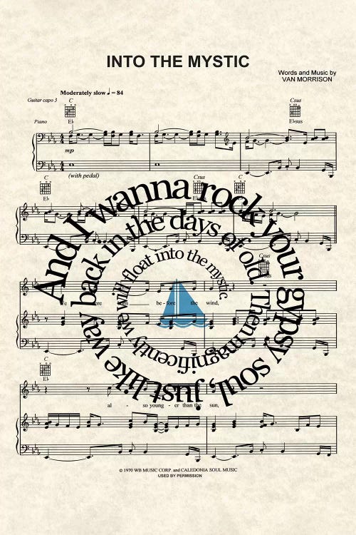 Into The Mystic - Blue Sail Boat by WordsAndMusicArt wall art