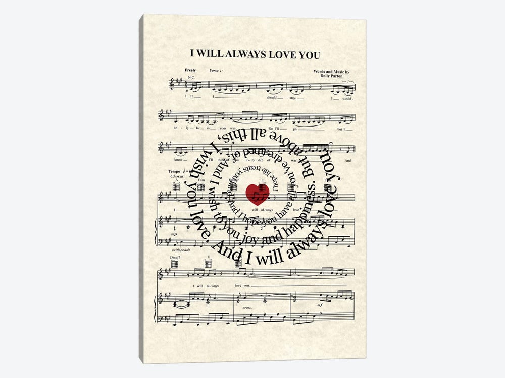 I Will Always Love You by WordsandMusicArt 1-piece Canvas Print