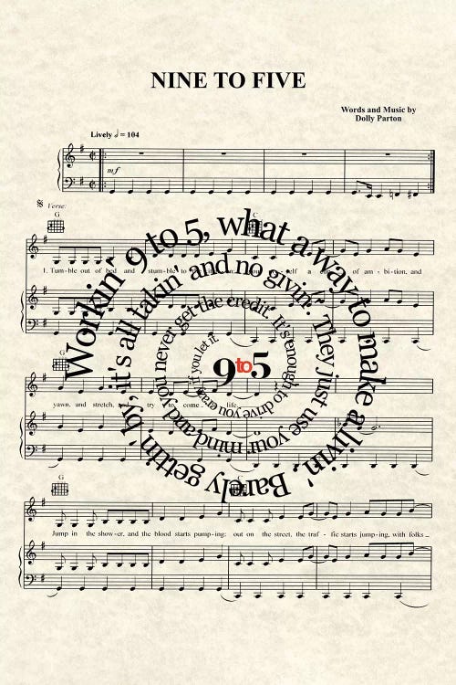 Nine To Five by WordsAndMusicArt wall art