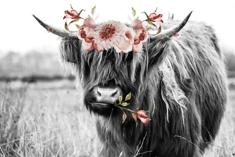 Highland Cow With Flowers Art Print by Willow & Olive