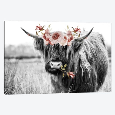 Highland Cow With Flowers Canvas Print #WAO117} by Willow & Olive Art Print