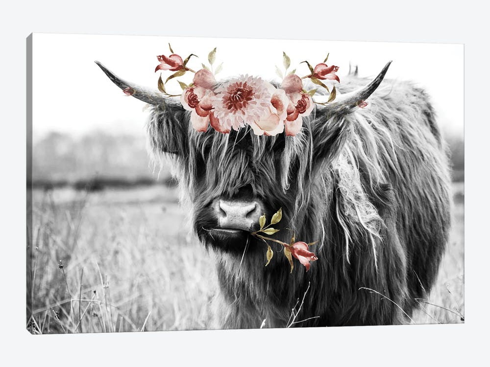 Highland Cow With Flowers 1-piece Canvas Artwork