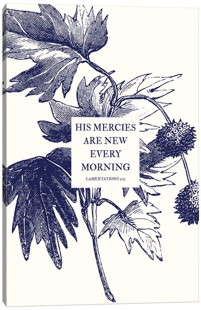 His Mercies Vintage Botanical Navy Cream Canvas Art Print - Bible Verse Art