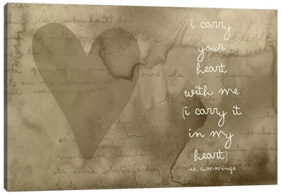 I Carry Your Heart - Cummings, Taupe Canvas Art Print - Love Typography