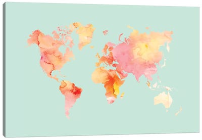 World Map Pastel Watercolor Canvas Art Print - Coral Around The Globe