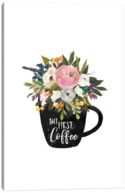 But First Coffee Cup Canvas Art Print - Minimalist Flowers