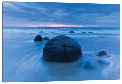 New Zealand, South Island, Otago, Moeraki, Moeraki Boulders, dawn III Canvas Art Print - Pantone 2020 Classic Blue