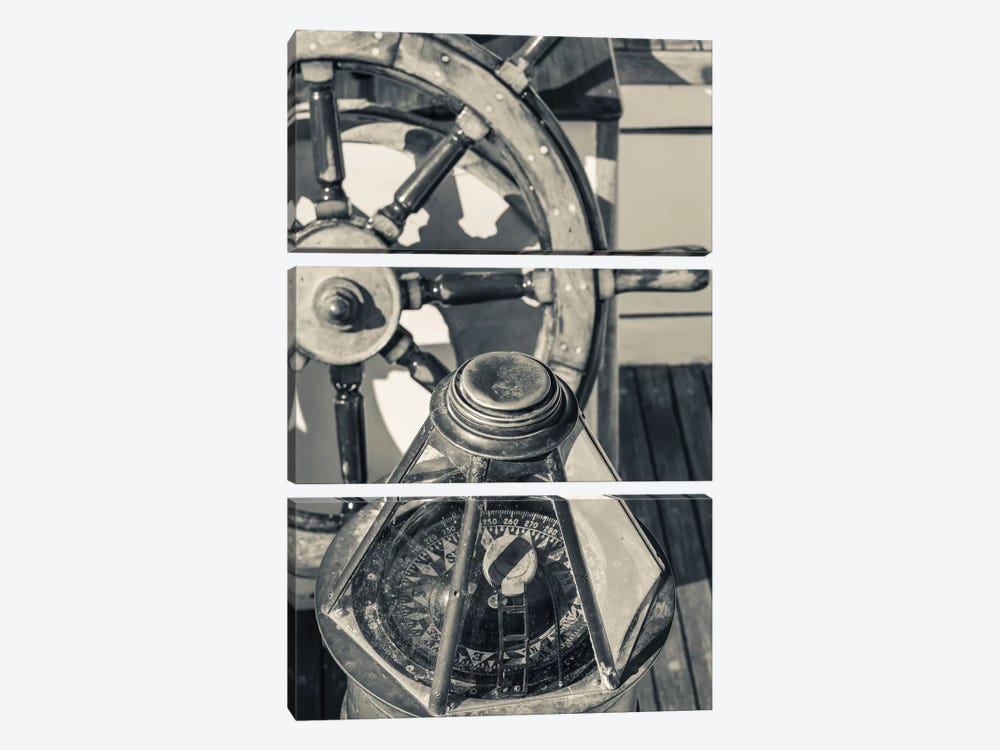 USA, Massachusetts, Cape Ann, Gloucester, schooner marine compass and ship's wheel by Walter Bibikow 3-piece Canvas Art