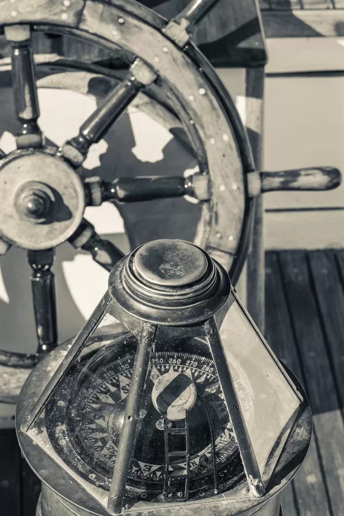 USA, Massachusetts, Cape Ann, Gloucester, schooner marine compass and ship's wheel