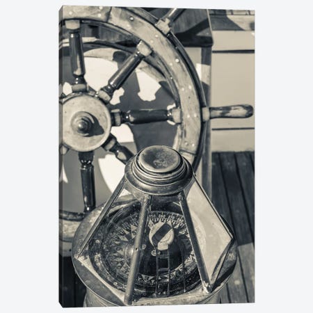 USA, Massachusetts, Cape Ann, Gloucester, schooner marine compass and ship's wheel Canvas Print #WBI115} by Walter Bibikow Art Print