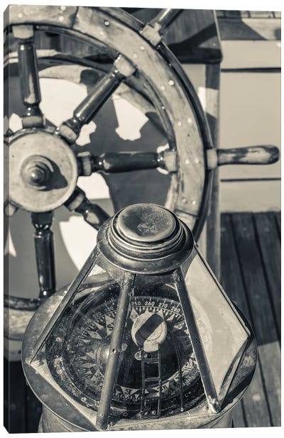 USA, Massachusetts, Cape Ann, Gloucester, schooner marine compass and ship's wheel Canvas Art Print - Sepia Photography
