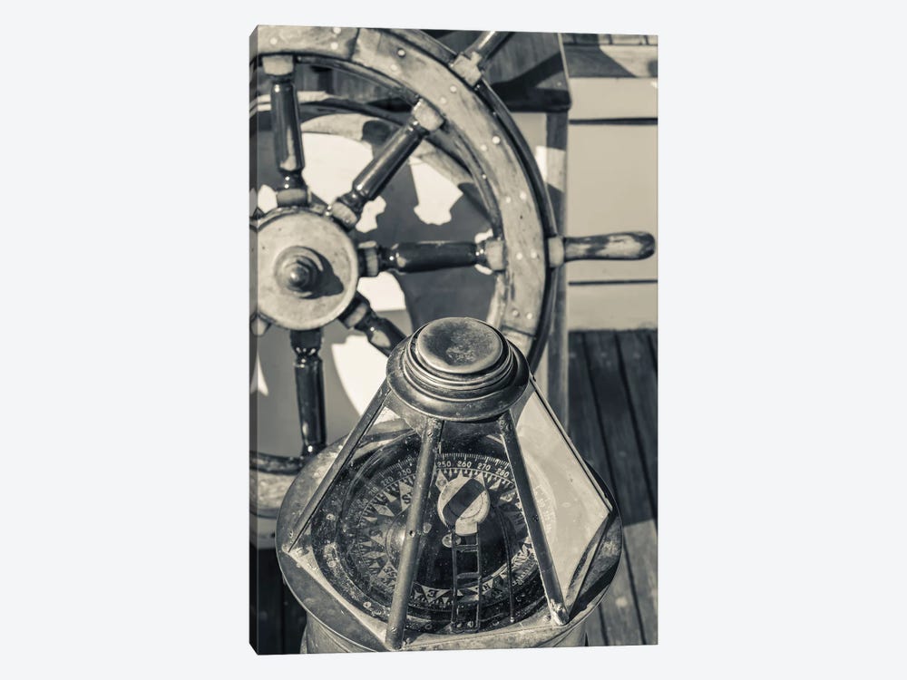 USA, Massachusetts, Cape Ann, Gloucester, schooner marine compass and ship's wheel by Walter Bibikow 1-piece Canvas Art