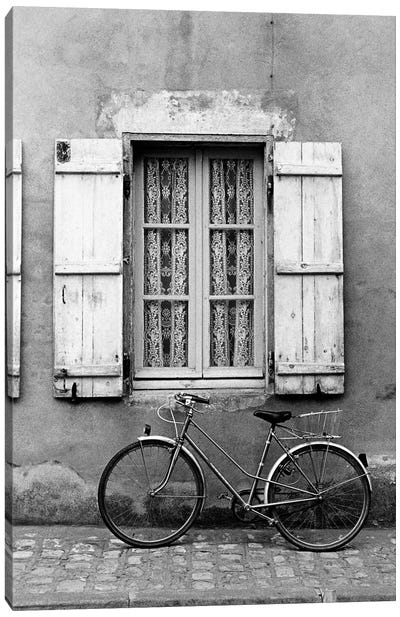 Bicycle Outside Of A Window, Marans, Poitou-Charentes, Nouvelle-Aquitaine, France Canvas Art Print