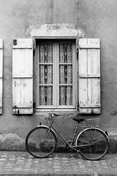Bicycles: Bicycle Outside Of A Window, Marans, Poitou-Charentes, Nouvelle-Aquitaine, France by Walter Bibikow