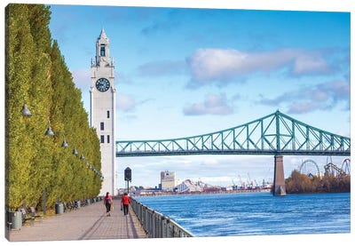 Canada, Quebec, Montreal. The Old Port, Sailor's Memorial Clock Tower and Jacques Cartier Bridge Canvas Art Print - Walter Bibikow