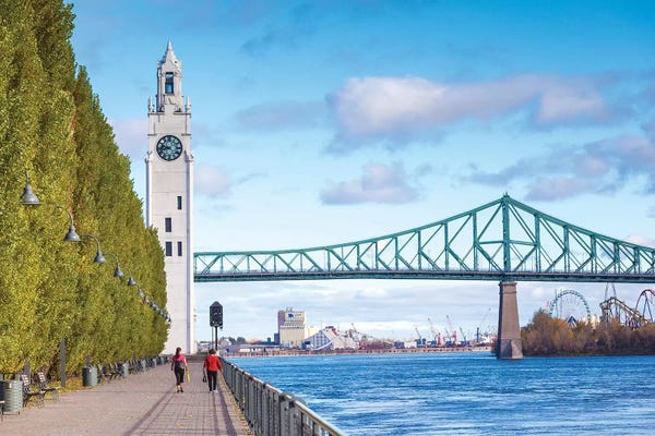 Canada, Quebec, Montreal. The Old Port, Sailor's Memorial Clock Tower and Jacques Cartier Bridge