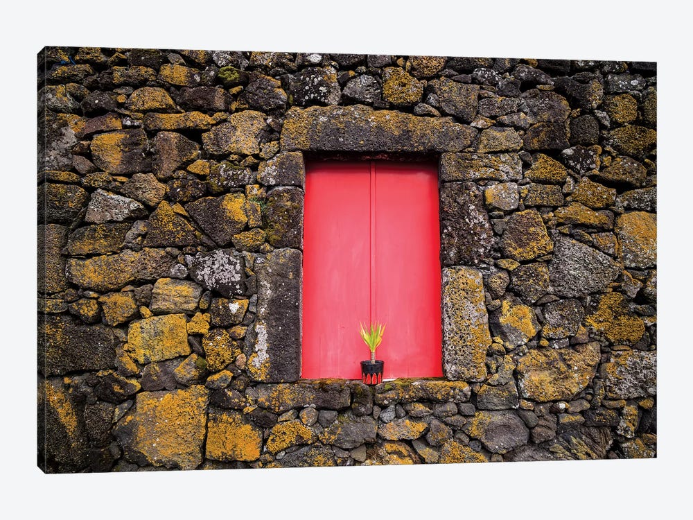 Portugal, Azores, Pico Island, Madalena. Red doors on barn by Walter Bibikow 1-piece Canvas Art Print