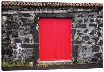 Portugal, Azores, Pico Island, Porto Cachorro. Old fishing community set in volcanic rock buildings Canvas Art Print - Black, White & Red Art
