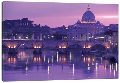 Ponte Sant'Angelo (Pons Aelius) With St. Peter's Basilica, Rome, Lazio Region, Italy Canvas Art Print - Rome Skylines
