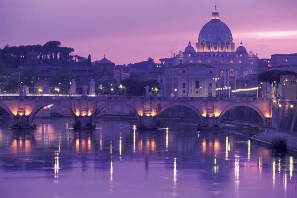 Domes: Ponte Sant'Angelo (Pons Aelius) With St. Peter's Basilica, Rome, Lazio Region, Italy by Walter Bibikow