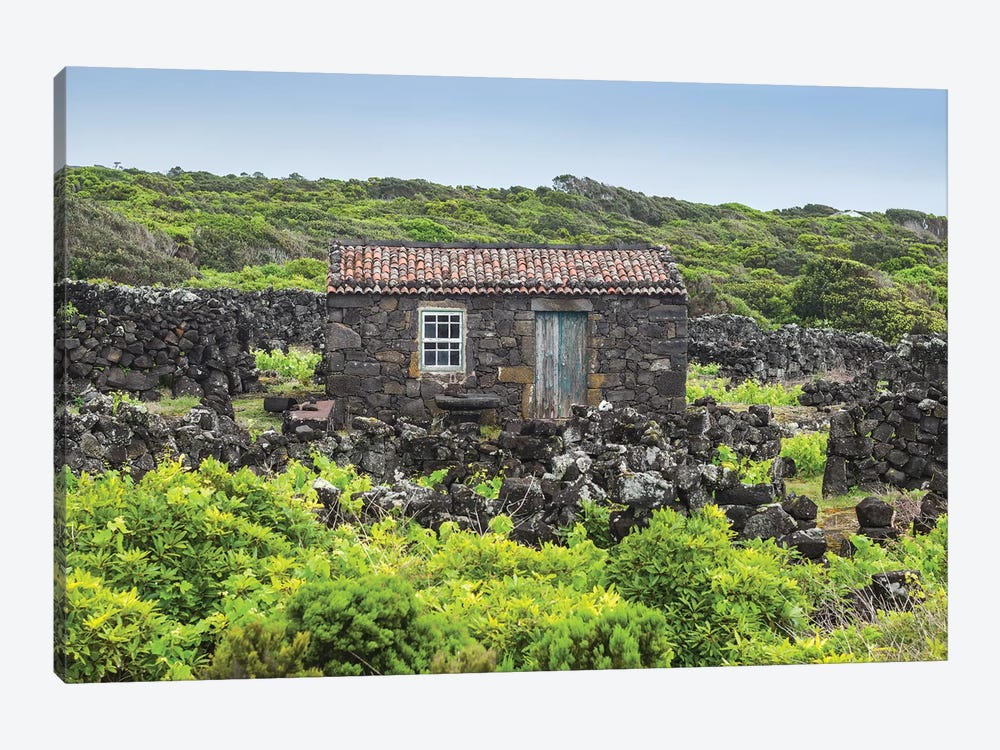 Portugal, Azores, Pico Island, Porto Cachorro. Old fishing community set in volcanic rock buildings by Walter Bibikow 1-piece Art Print