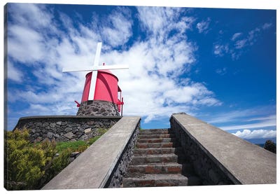 Portugal, Azores, Pico Island, Sao Roque do Pico. Traditional windmill Canvas Art Print - Stairs & Staircases