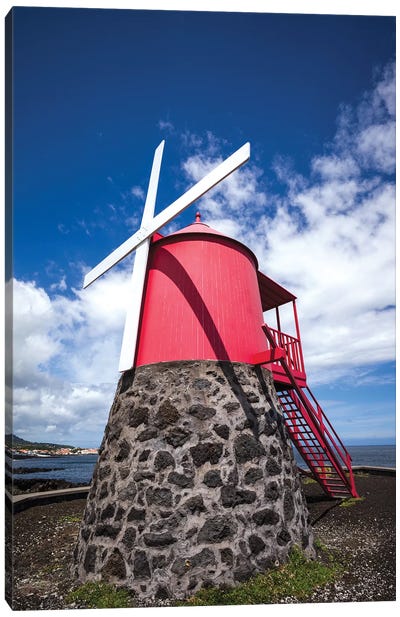 Portugal, Azores, Pico Island, Sao Roque do Pico. Traditional windmill Canvas Art Print
