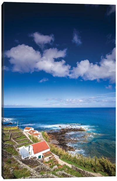 Portugal, Azores, Santa Maria Island, Maia. Elevated view of town and volcanic rock vineyards Canvas Art Print - Walter Bibikow