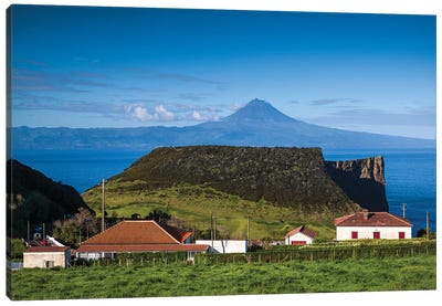 Portugal, Azores, Sao Jorge Island. Baia dos Arraias, view towards Pico Volcano Canvas Art Print - Walter Bibikow